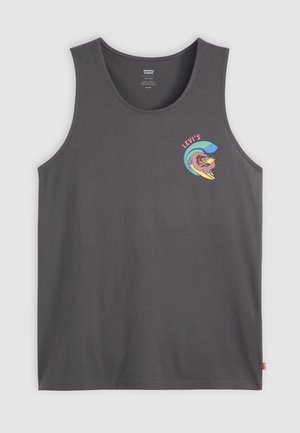 Débardeur en coton gris avec un graphique coloré d'un surfeur et d'une vague. Encolure ronde, sans manches, avec une petite étiquette de marque sur le côté.