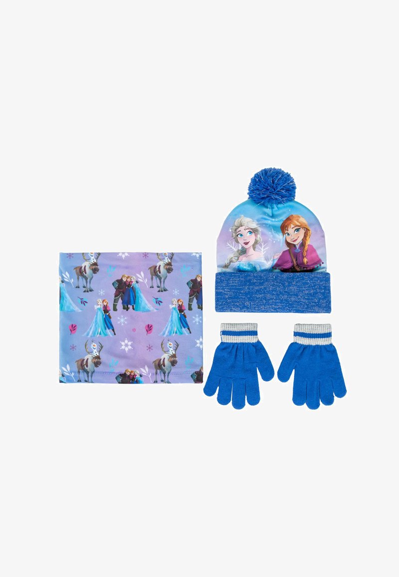Bonnet tricoté bleu avec un pompon, comportant des personnages de Frozen ; écharpe violette assortie avec des motifs ; gants bleus avec des poignets blancs.