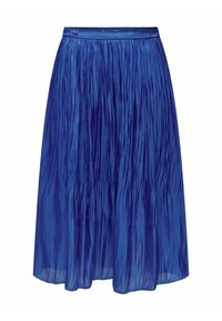 Sininen laskostettu hame, jossa on joustava vyötärö, näyttää kiiltävältä ja teksturoidulta kankaalta, joka roikkuu väljästi ja ulottuu puoliväliin säärtä.