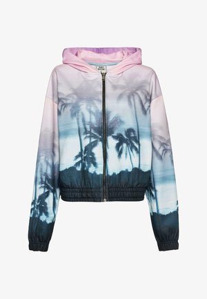 Kratka zip-up kapuca s kapuco v roza gradaciji. Ima tisk palm, v modrih in črnih odtenkih, elastičen rob in manšete, mehak material.