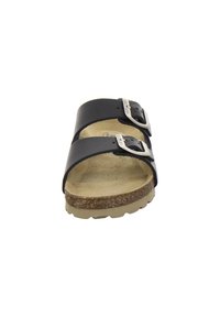 Black leather sandal with two wide straps and silver buckles. Textured insole, cork midsole, and rubber outsole for grip.