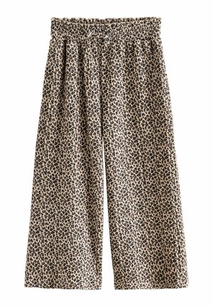 Pantaloni cu picioare largi, cu imprimeu de leopard bej și negru, având o talie elastică și un mic detaliu cu volănaș strâns în partea de sus.