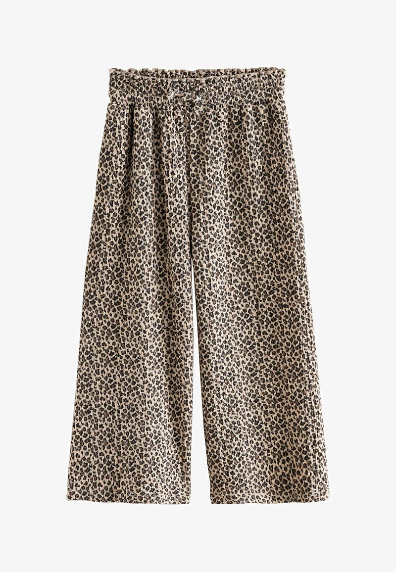 Pantalone širokih nogavica s bež i crnim leopard uzorkom, s elastičnim pojasom i malim naborom na vrhu.