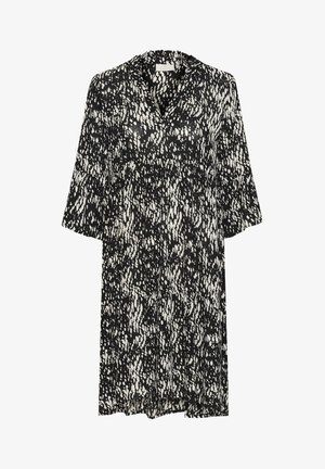 Černo-bíl dress s vzorem, s výstřihem do V, tříčtvrtečními rukávy a volným střihem, vyrobené z lehkého materiálu. Disponuje volnou siluetou.