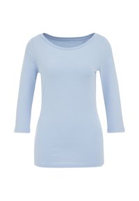 Ljusblå långärmad T-shirt med rund halsringning, mjukt tyg, figurnära design och inga synliga mönster eller detaljer.