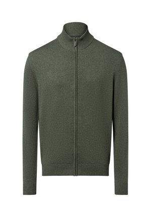 Groene zip-up sweater met een hoge kraag, geribbelde mouwen en zoom. Gemaakt van een gestructureerd breimateriaal, met een subtiel patroon overal.