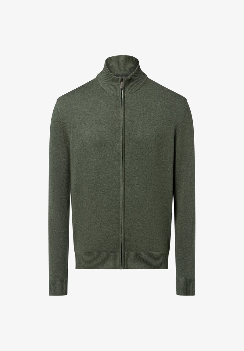 Green zip-up sweater with a high collar, ribbed cuffs, and hem. Made of textured knit material, featuring a subtle pattern throughout.