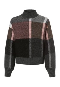 Maglione lavorato a maglia con collo alto, caratterizzato da un design a patchwork in tonalità grigio scuro, nero, rosa e marrone, con polsini e orlo a costine.