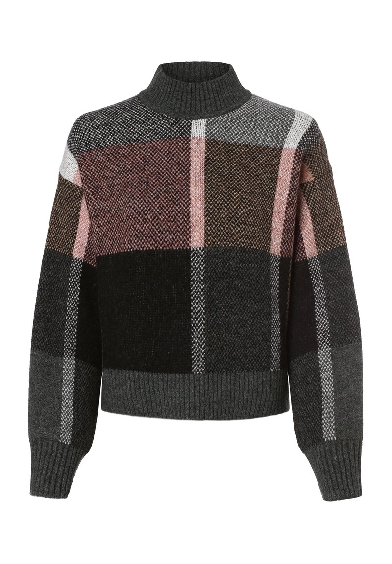 Maglione lavorato a maglia con collo alto, caratterizzato da un design a patchwork in tonalità grigio scuro, nero, rosa e marrone, con polsini e orlo a costine.