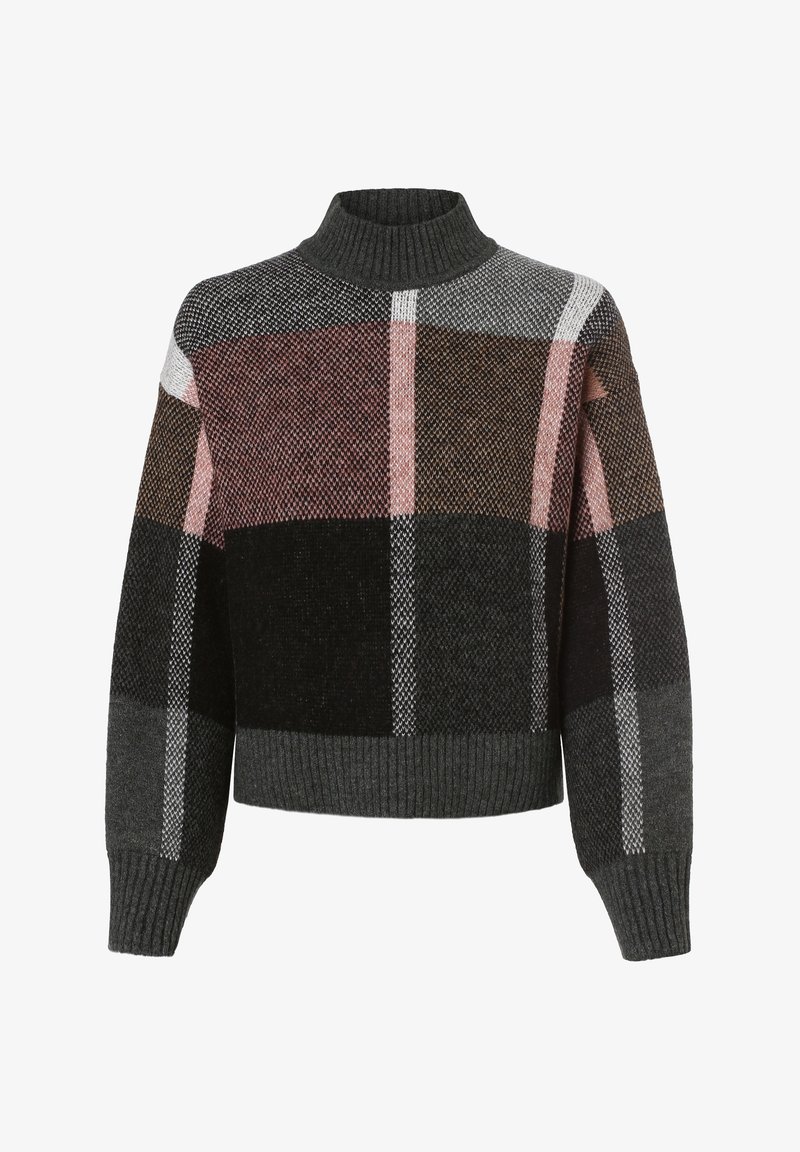 Maglione lavorato a maglia con collo alto, caratterizzato da un design a patchwork in tonalità grigio scuro, nero, rosa e marrone, con polsini e orlo a costine.