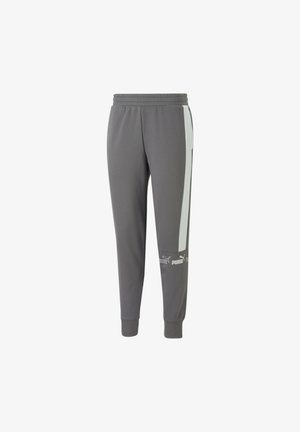 Grijze Puma joggingbroek met witte zijstreep, elastische tailleband, omgeslagen enkels en Puma-logo op het linkeronderbeen.