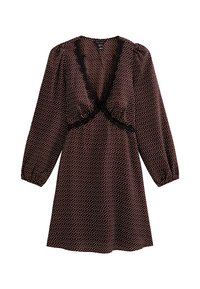 Vestido marrón con lunares, de mangas largas y abullonadas, escote en V profundo y acabado de encaje negro en el cuello y la cintura. Tejido suave con un corte holgado.