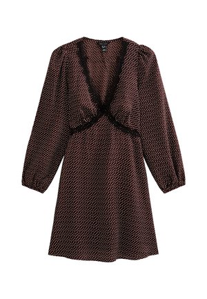 Bruin jurkje met polka dots, lange pofmouwen, diepe V-hals en zwarte kanten rand langs de halslijn en taille. Zachte stof met een ontspannen pasvorm.