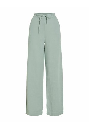 Pantalon taille haute vert clair à jambes larges avec une ceinture en tissu et une texture subtile, présenté sur un fond blanc uni.