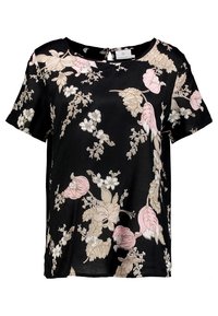 Blouse noire à manches courtes avec un motif floral en rose et crème. Fabriquée en tissu lisse, avec une coupe décontractée et un col rond.