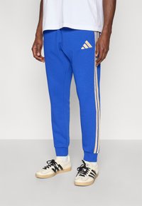 Modré teplákové nohavice z mäkkého materiálu, s dvoma zlatými pruhmi po bokoch a logom Adidas na ľavom boku. V kombinácii s bielymi topánkami.