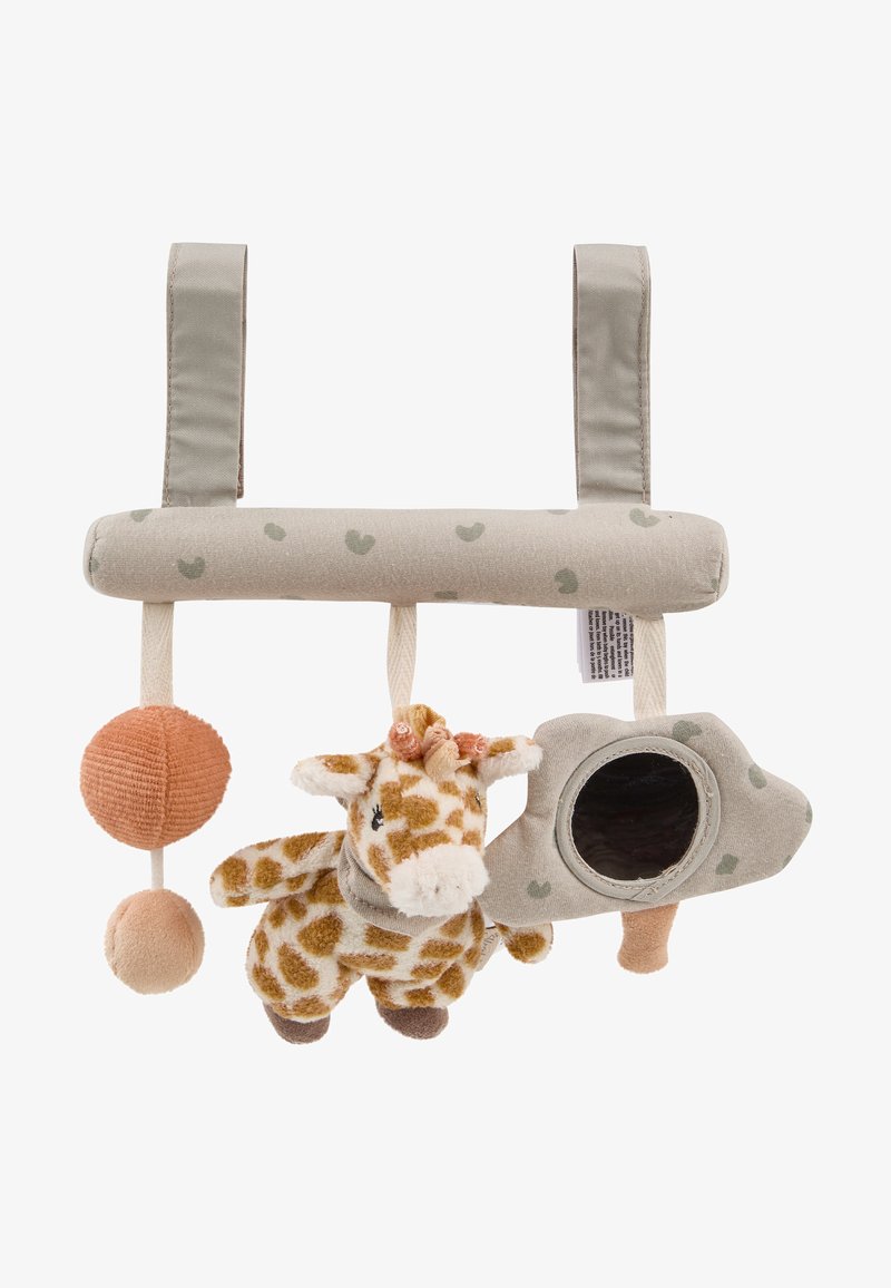 Giocattolo a forma di giraffa con tessuto in peluche, motivo a macchie e morbidi accenti marroni. Include una palla tonda con texture e uno specchio su uno sfondo beige.