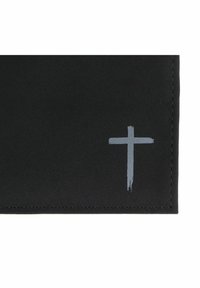 Black fabric wallet featuring a grey brushstroke cross design. Edges are neatly stitched. Smooth texture with a minimalist appearance.