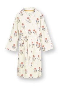 Cremfarbene Robe mit roten und blauen Blumenmustern, langen Ärmeln, Fronttaschen und einem Taillengürtel.