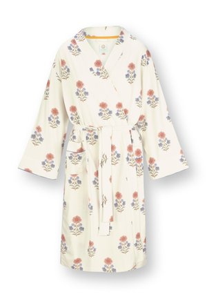 Cream-colored robe with red and blue floral patterns, long sleeves, front pockets, and a waist tie belt.