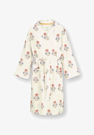 Cream-colored robe with red and blue floral patterns, long sleeves, front pockets, and a waist tie belt.