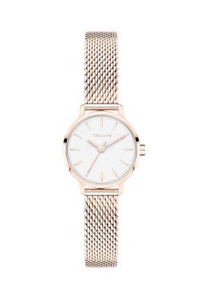 Roségoldene Armbanduhr mit weißem Zifferblatt, minimalistischen Stundenmarkierungen, drei Zeigern und Metall-Mesh-Armband.