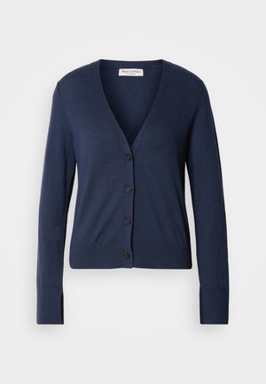 Marineblå cardigan laget av mykt materiale, med V-hals, knappelukking foran, lange ermer og ribbestrikkede mansjetter.