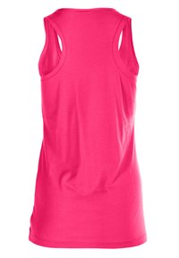 Fuchsia sleeveless tank top made from a soft fabric, featuring a round neckline and wide armholes, evenly cut hem at the waist.