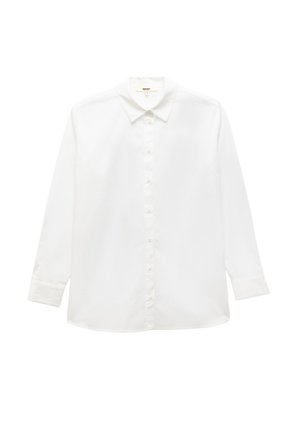 Witte blouse met lange mouwen, knoopsluiting aan de voorkant, klassieke kraag en manchetten. Gemaakt van een gladde stof zonder patronen of versieringen.