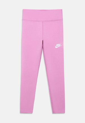 Pink athletic leggings made of stretchy fabric, featuring a high waistband and a white Nike logo on the left side.