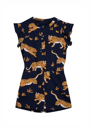 Kortärmelig romper in marineblauw met oranje tijger- en bladpatronen, knoopsluiting aan de voorkant en elastische taille voor kinderen.