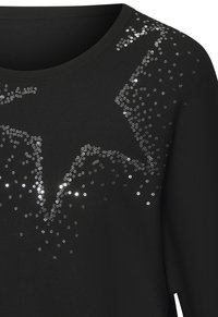 Black sweater with a round neckline, featuring a pattern of silver sequins arranged in a decorative design on the front.