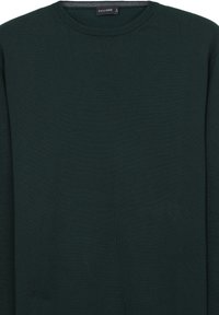 Dunkelgrüner Rundhalsausschnitt Strickpullover mit langen Ärmeln, Größe L, mit geripptem Kragen und feiner Strickstruktur.