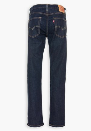 Dark blue denim jeans with a straight leg cut, visible stitching, two back pockets, and a leather label on the waistband.