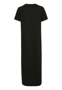 Black, short-sleeved dress made of soft fabric, featuring a relaxed fit and a straight silhouette that falls to the mid-calf.