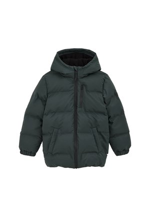 Giubbotto puffer verde scuro con cappuccio, zip frontale e due tasche laterali. Presenta un design trapuntato e polsini elasticizzati per il calore.