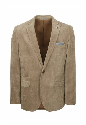Beige corduroy men's blazer with notch lapels, single button closure, two flap pockets, and a blue patterned pocket square.