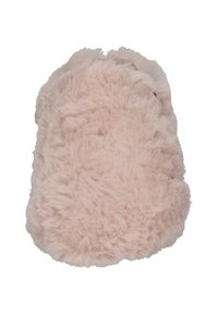 Chausson en fausse fourrure de couleur rose doux, de forme arrondie avec une texture duveteuse et une doublure intérieure lisse. Aucun matériel ou accent visible.