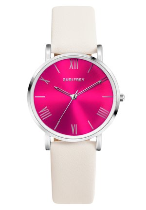 Runde Uhr mit einem leuchtend pinkfarbenen, metallischen Zifferblatt, silbernen Stundenmarkierungen und einem weißen Lederarmband. Der Markenname "SURIFREY" ist auf dem Zifferblatt sichtbar.