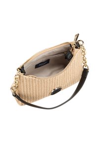 Woven straw handbag w kolorze beżowym z czarnymi skórzanymi akcentami, z zamkiem błyskawicznym w kolorze złotym, łańcuszkowym paskiem i markowym metkiem wewnętrznym.