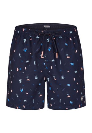 Marine zwemshorts met een trekkoord taille, voorzien van kleurrijke strandthema illustraties, korte lengte en een gladde stofstructuur.