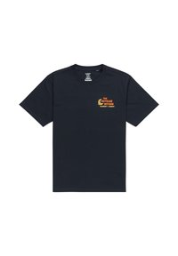 Navy blue cotton t-shirt with a round neckline and short sleeves, featuring an orange print text on the chest. Smooth texture, casual design.
