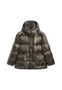 Glossy dark brown puffer jacket with high collar, front zipper, snap buttons, and two large flap pockets.