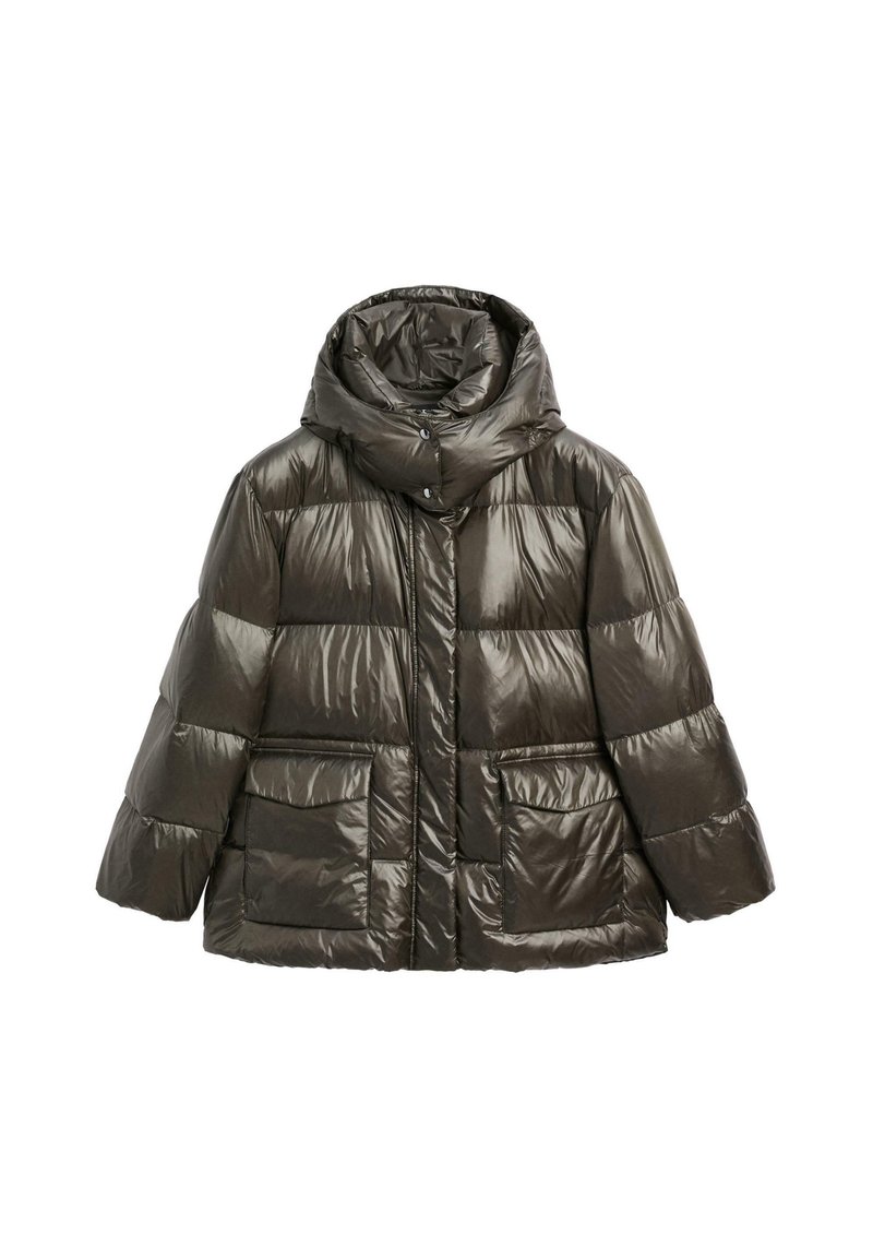 Glossy dark brown puffer jacket with high collar, front zipper, snap buttons, and two large flap pockets.