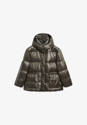Glossy dark brown puffer jacket with high collar, front zipper, snap buttons, and two large flap pockets.