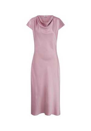 Rochie midi fără mâneci, din satin lila, cu decolteu drapat în formă de căciulă și siluetă subtilă în linie A.