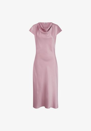 Rochie midi fără mâneci, din satin lila, cu decolteu drapat în formă de căciulă și siluetă subtilă în linie A.