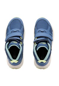 Blue athletic shoes with mesh and synthetic material, Velcro straps, and a light green accent at the heel and sole.