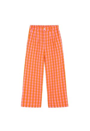 Pantalones de talle alto con pierna ancha, estampado de cuadros en naranja y rosa, pinzas delanteras, trabillas para cinturón y cierre con botón blanco.