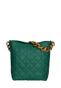 Borsa in pelle trapuntata verde con tracolla in oro, caratterizzata da una forma rettangolare e un motivo a diamante testurizzato.